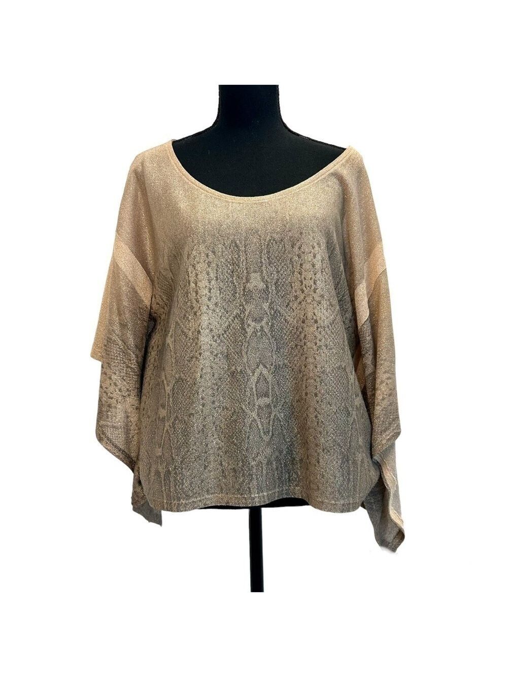 SEDUCTION cream gray animal snake print webbed sleeve shimmering blouse Sz M🇨🇦